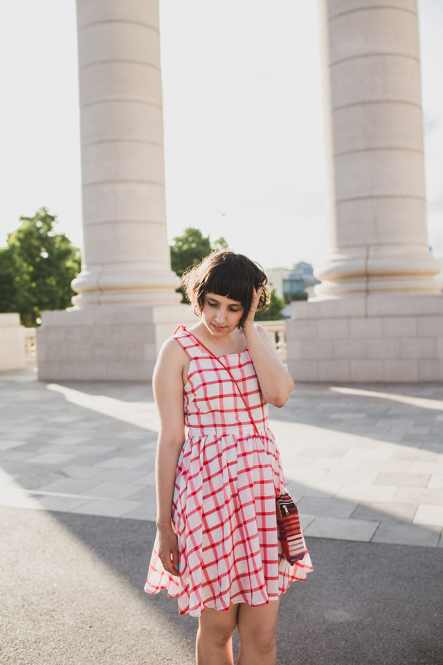 Red Gingham dress with ethnical purse - The cat, you and us